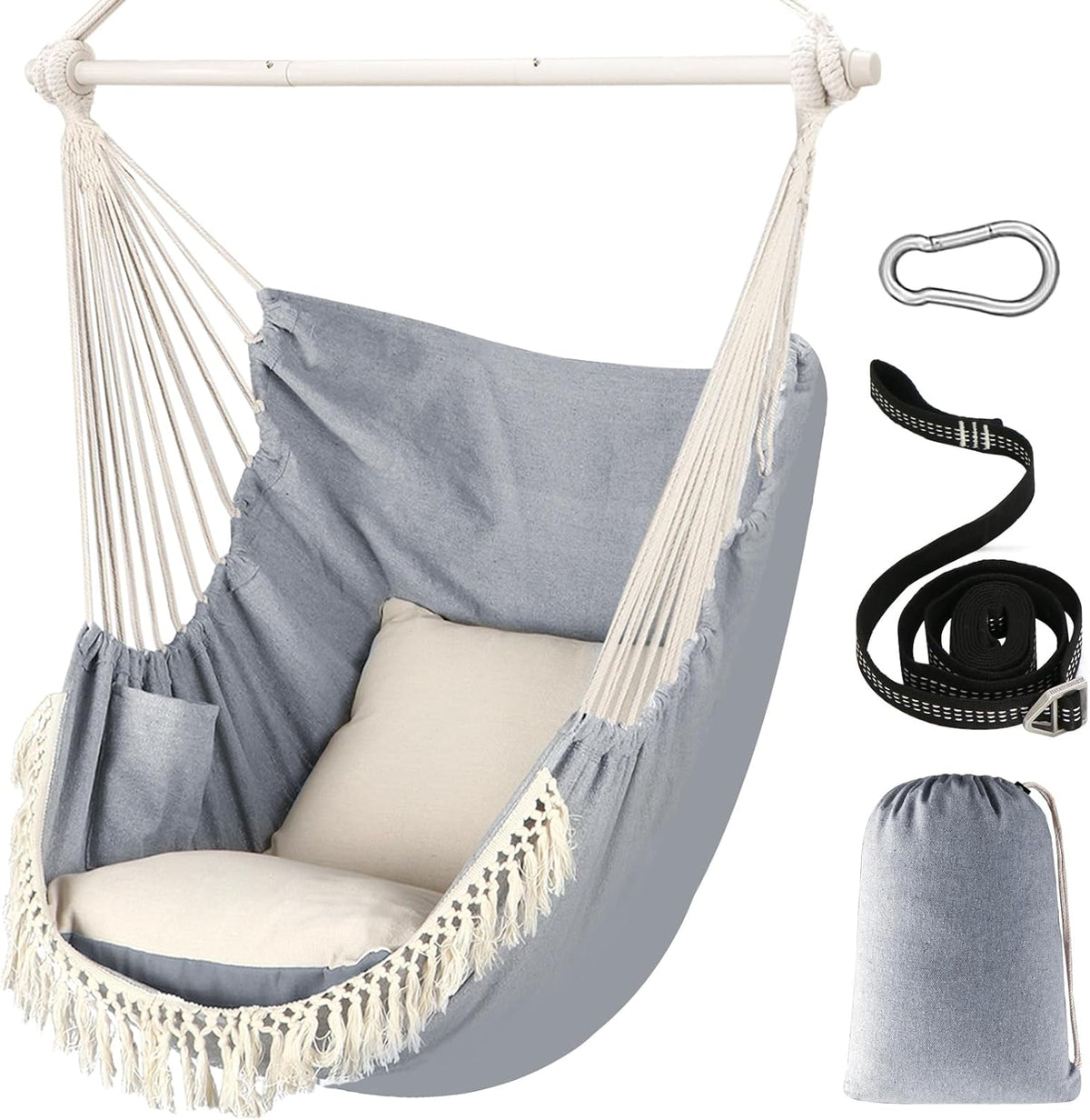 Hammock Chair Hanging Swing Max 500 Lbs 2 Cushions Included Metal Spreader Bar with Anti-Slip Grooves Portable Hanging Chair Side Pocket Large Macrame Bohemian Chair Indoor Outdoor