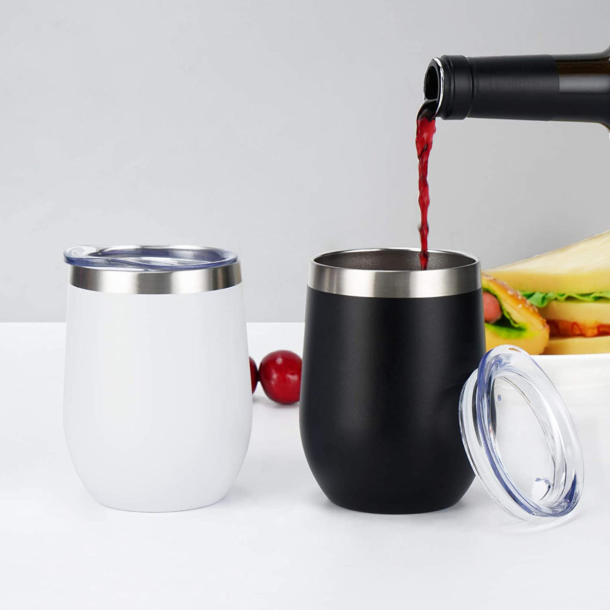8 Pack 12Oz Stainless Steel Wine Tumblers, Insulated Wine Tumbler, Double Wall Insulated Wine Glass, Stainless Steel Stemless Wine Cups with Lids for Coffee, Wine, Cocktails, Champaign, Black