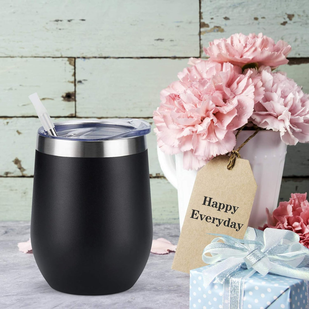8 Pack 12Oz Stainless Steel Wine Tumblers, Insulated Wine Tumbler, Double Wall Insulated Wine Glass, Stainless Steel Stemless Wine Cups with Lids for Coffee, Wine, Cocktails, Champaign, Black